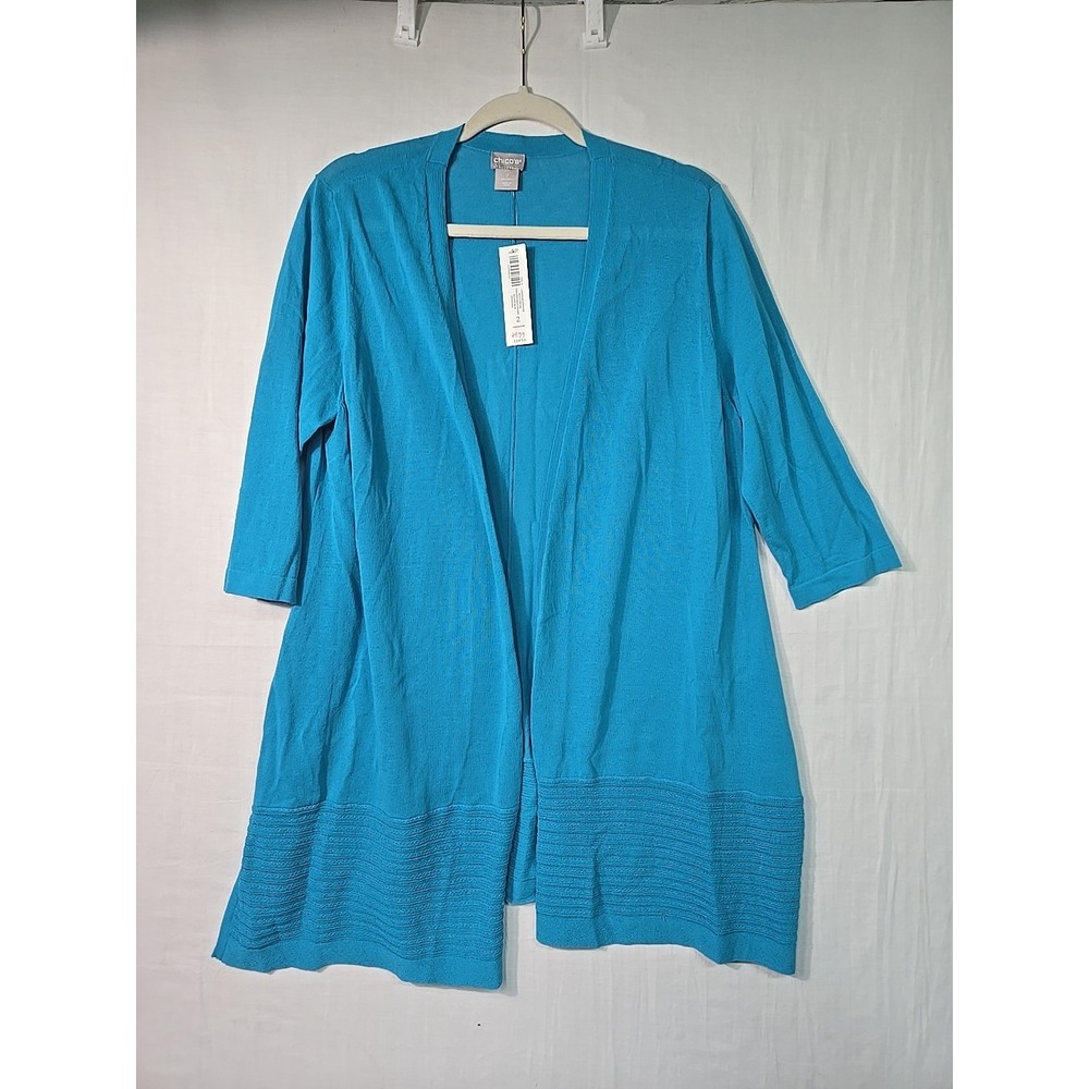 NWT Chico's Open Front Cardigan Women's 2 (L) Blue Knit 3/4 Sleeves Stitch
